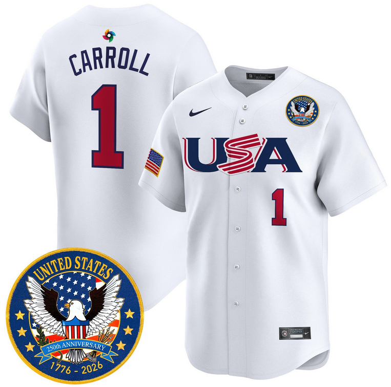 Men Team USA World Baseball Classic 250th Anniversary #1 Carroll white 2026 Roster Patch Vapor Jersey